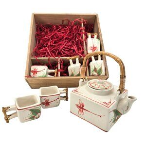 Vintage Ceramic Teapot Set Floral Dragonfly Design With Bamboo Handle je172